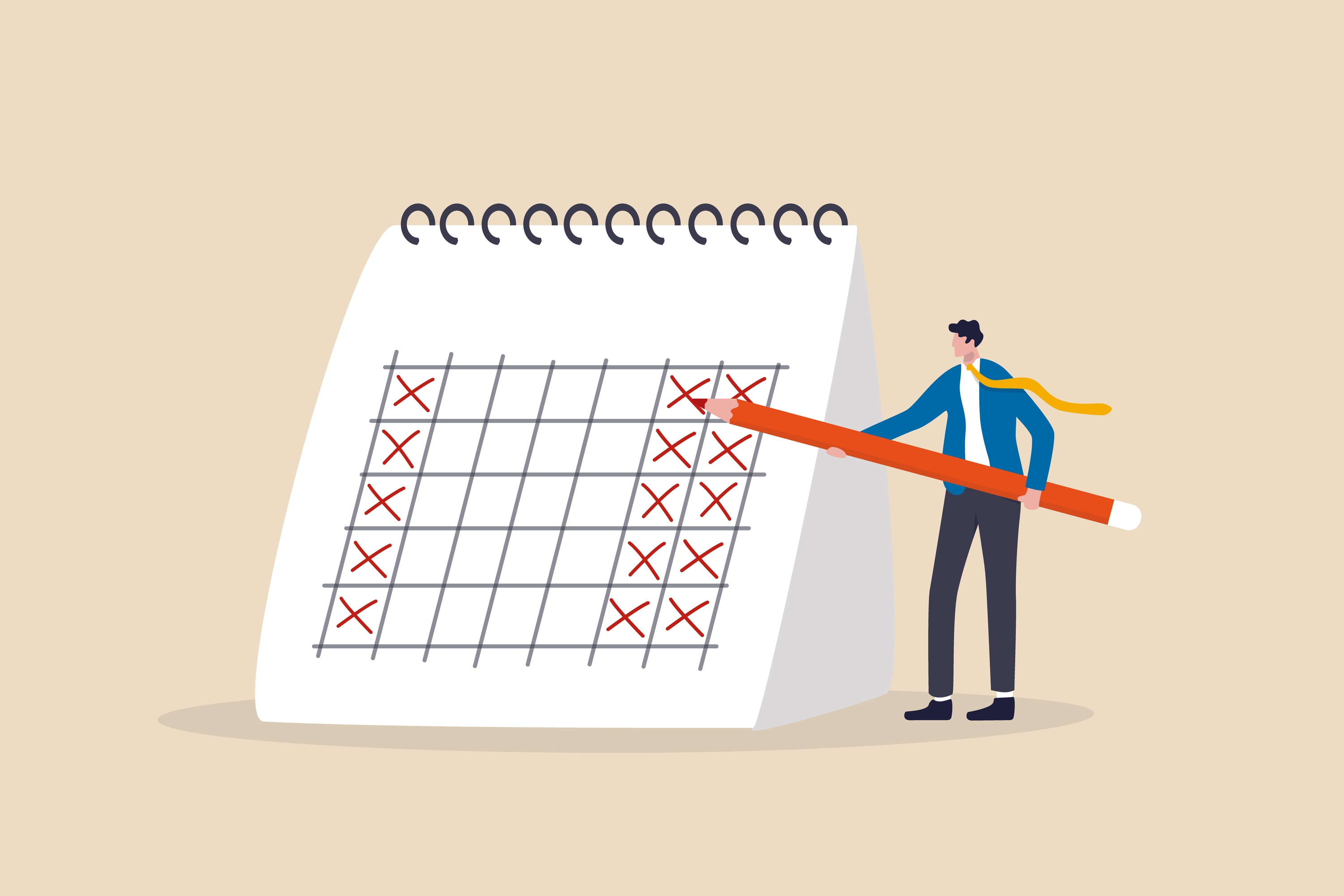 person holding pencil to calendar graphic